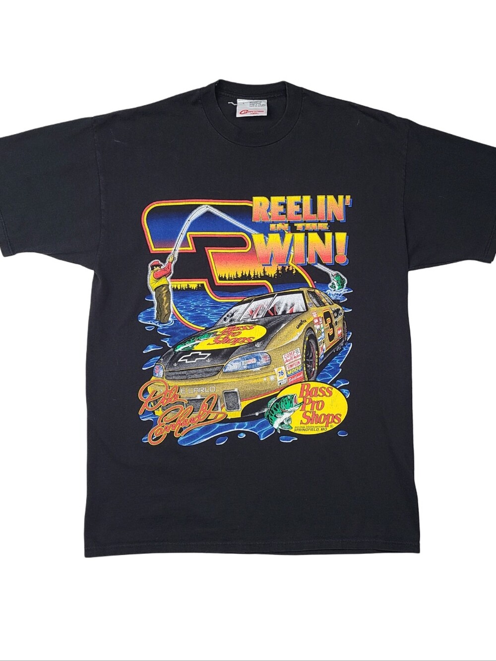 Vtg NASCAR Dale Earnhardt Shirt Bass Pro Shop Fishing Reelin In The Win AOP L